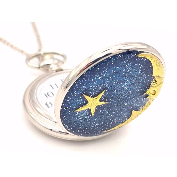 Moon & Star Pocket Watch - Silver Starry Night Gift for Dreamers & Stargazers - Picture 2 of 10